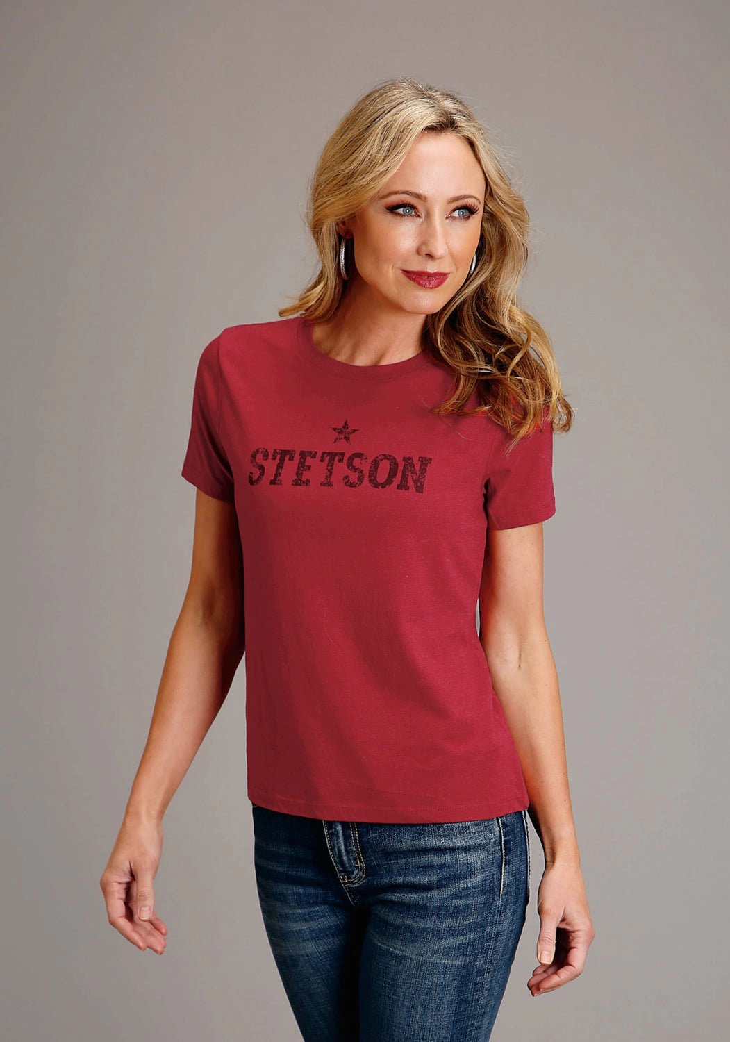 Stetson Womens Star Screenprint Red Cotton Blend S/S T-Shirt Timeless Piece