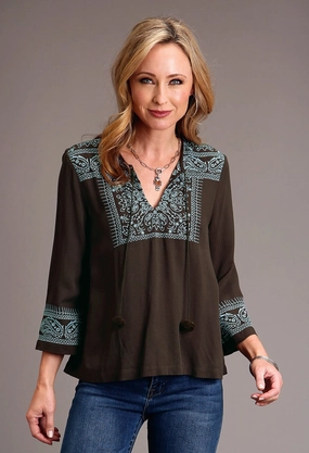 Stetson Womens Twill V-Neck Chocolate 100% Rayon L/S Blouse Elegant Finish