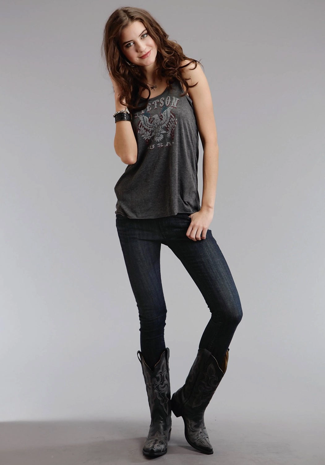 Stetson Womens Vintage Eagle Grey 100% Cotton S/L Tank Top Roomy Cut