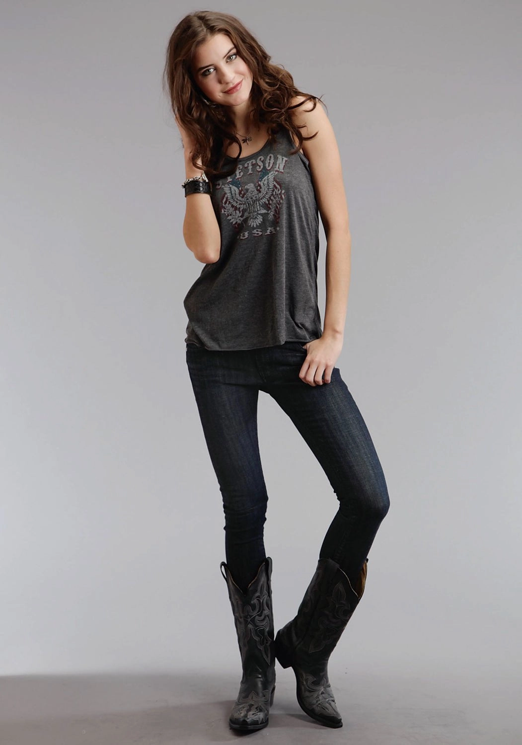 Twill Weave Beach Attire Stetson Womens Vintage Eagle Grey 100% Cotton S/L Tank Top