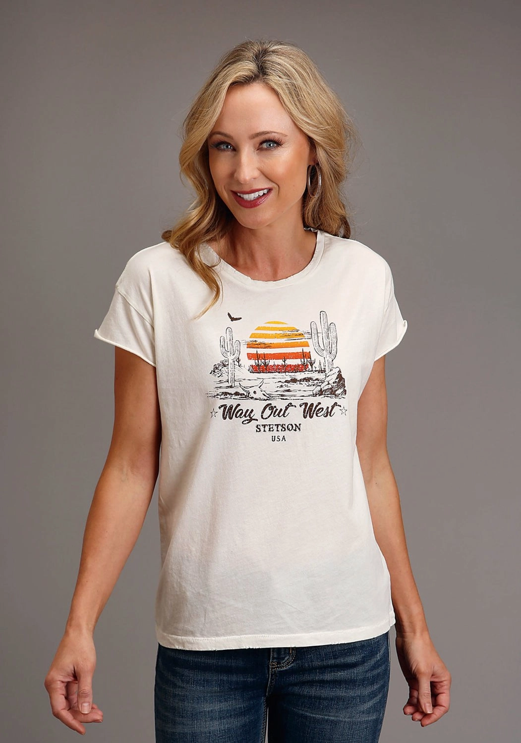 Asymmetrical Cut Smooth Texture Stetson Womens Vtg White 100% Cotton Way Out West S/S Cactus T-Shirt