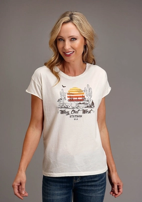 Asymmetrical Cut Smooth Texture Stetson Womens Vtg White 100% Cotton Way Out West S/S Cactus T-Shirt