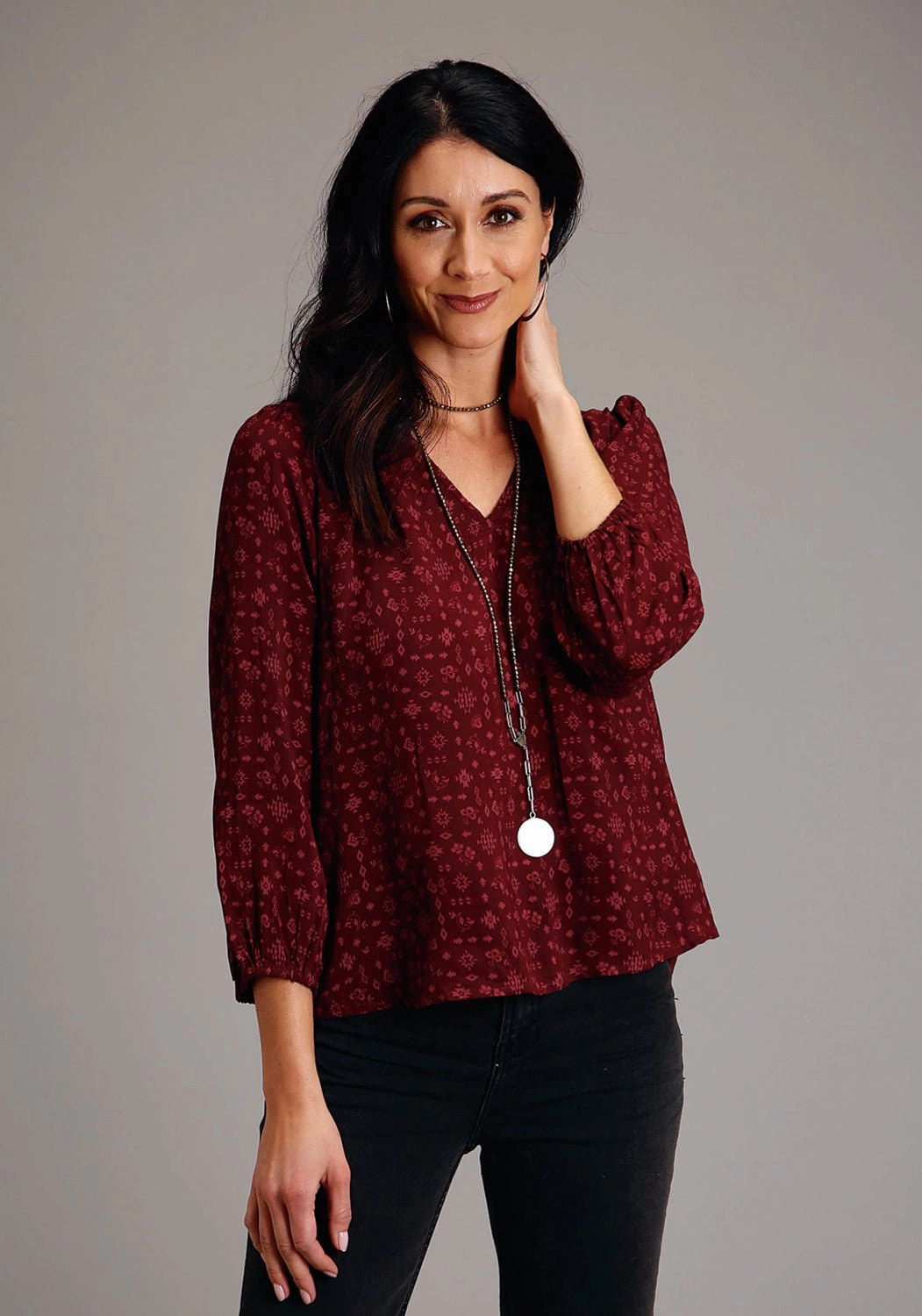 elegant design Stetson Womens Western Ditzy Wine Rayon/Nylon L/S Tunic