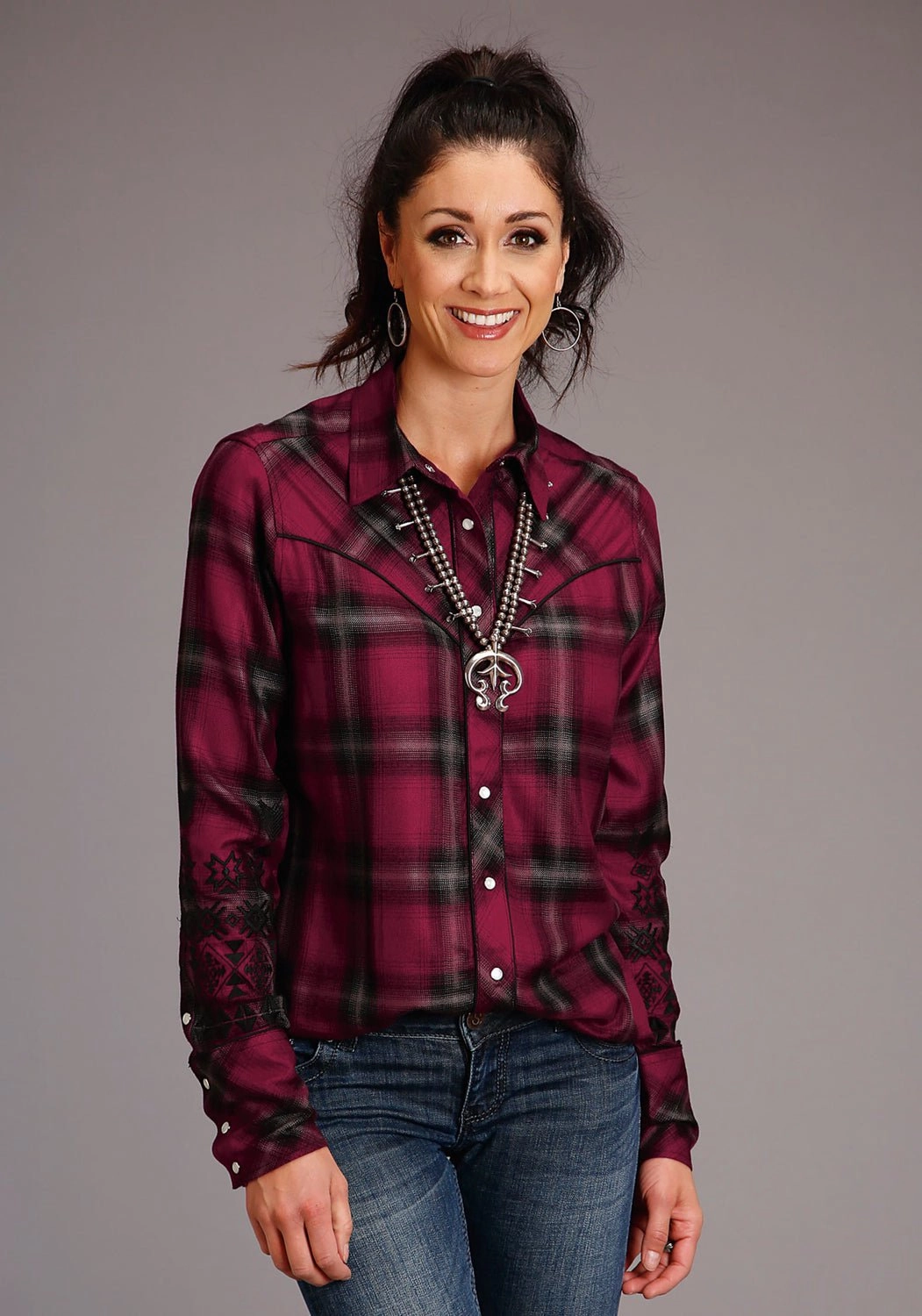 Pocket Detail Short Sleeve Stetson Womens Western Plaid Wine 100% Rayon L/S Shirt