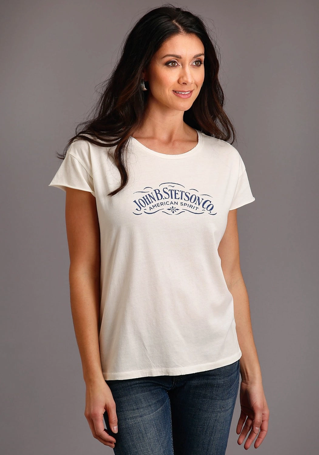 Stetson Womens White 100% Cotton American Spirit S/S T-Shirt EasyCare Fabric