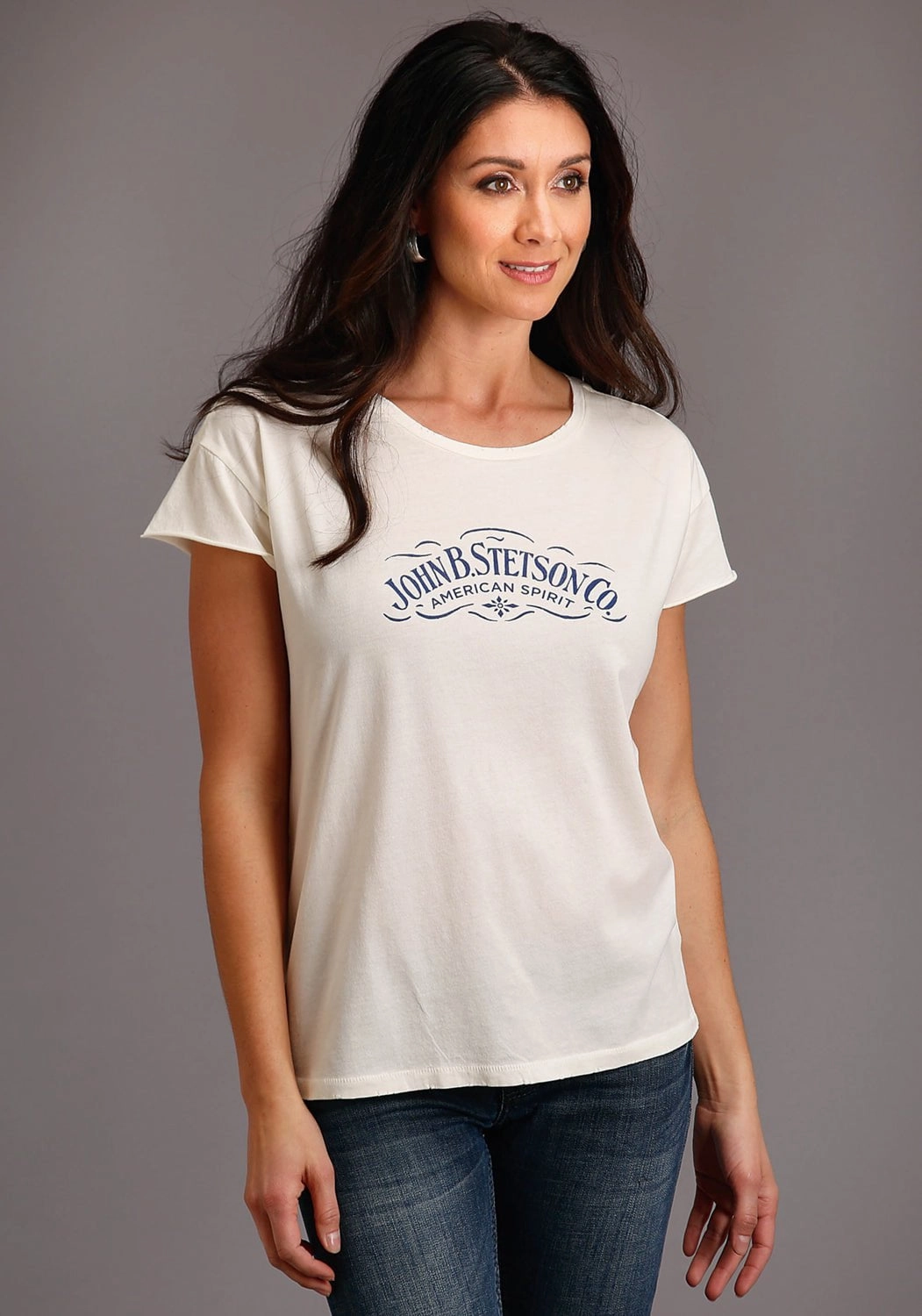Stetson Womens White 100% Cotton American Spirit S/S T-Shirt Easy Care Material