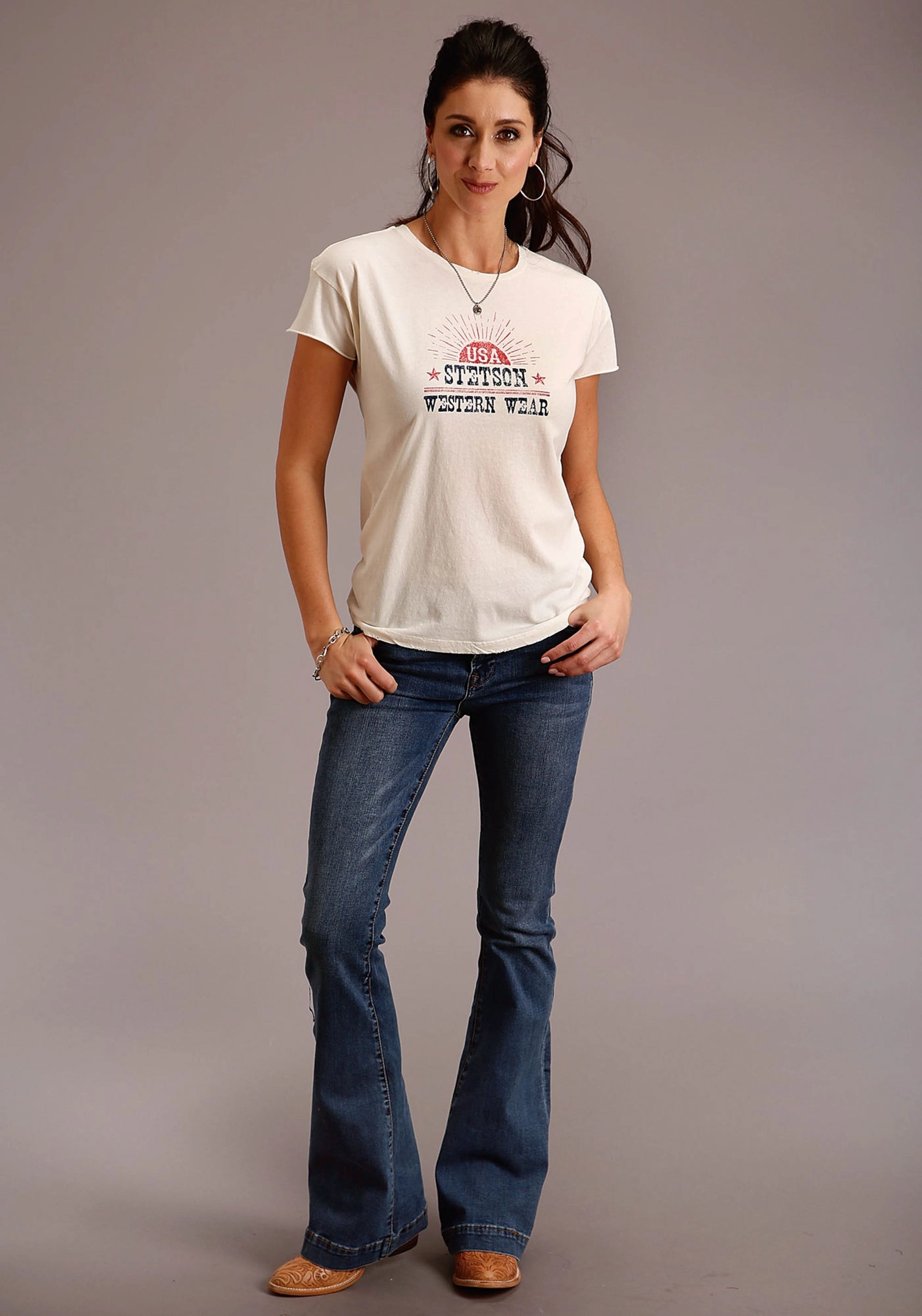 Stetson Womens White 100% Cotton USA Western Wear S/S T-Shirt Classic Appeal Oversized style