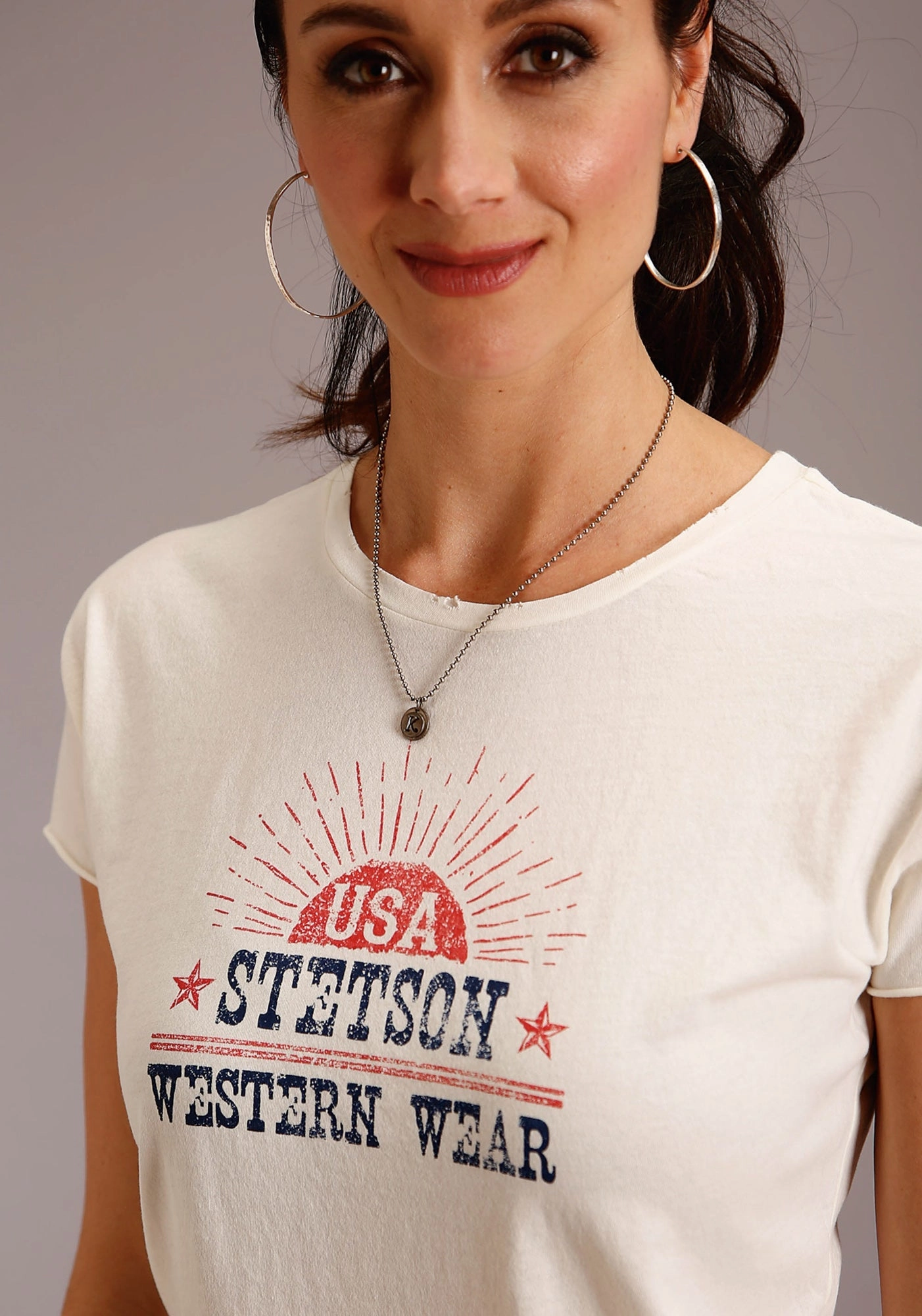 Chambray Fabric Stetson Womens White 100% Cotton USA Western Wear S/S T-Shirt