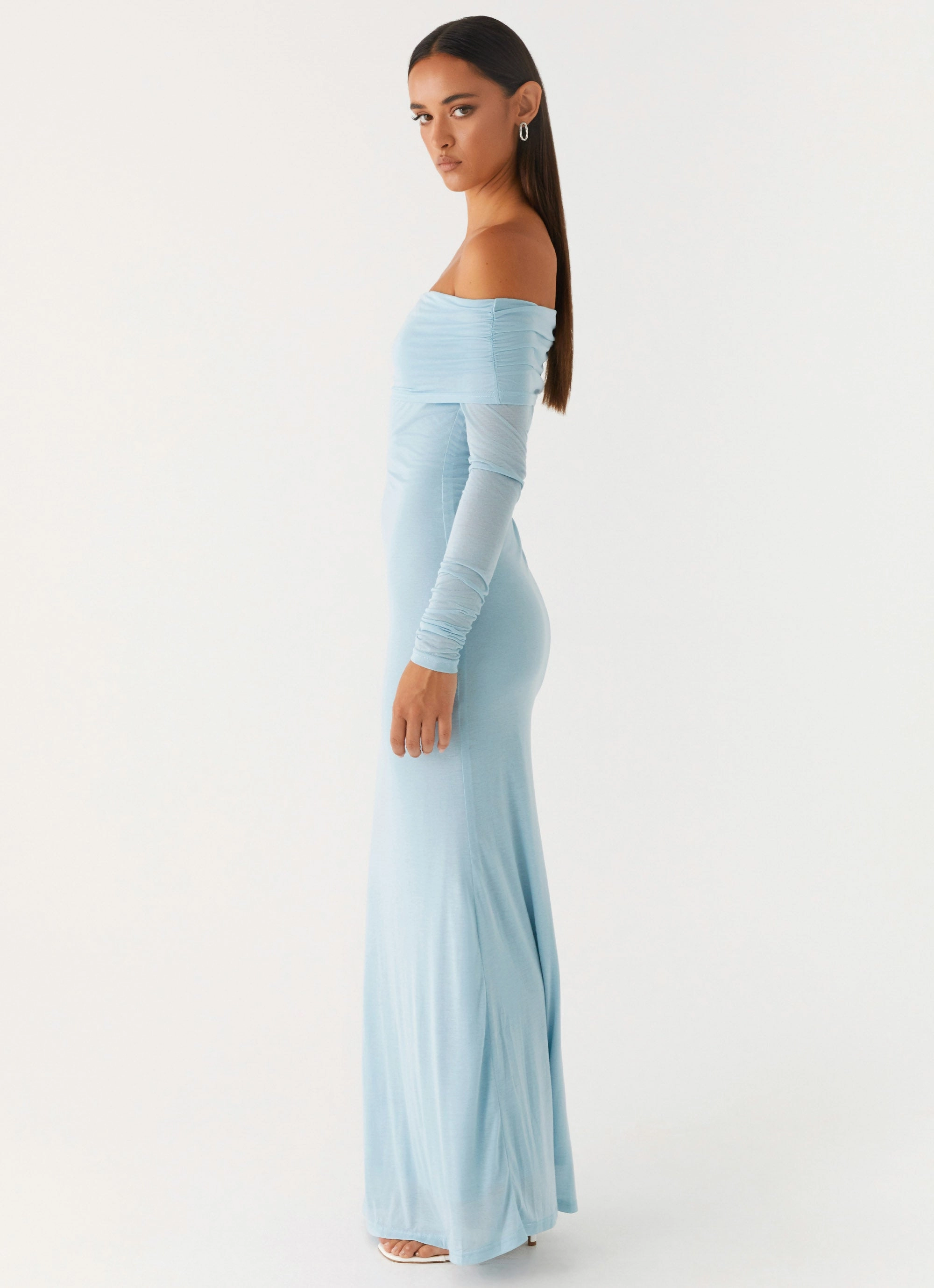 Cocoa Long Sleeve Maxi Dress - Blue Draped Fabric Cozy Balance
