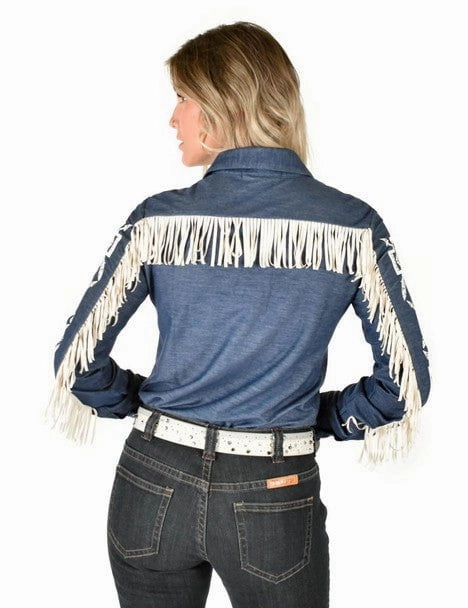 Cowgirl Tuff Womens Cream Aztec Fringe Denim Rayon/Poly L/S Shirt Graphic Art