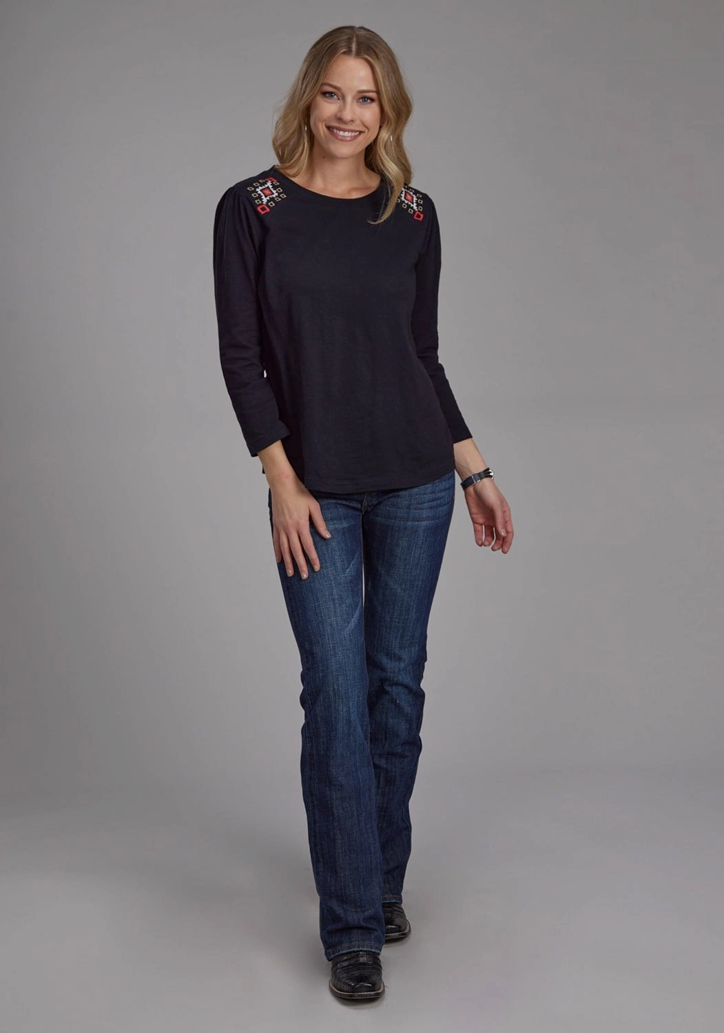 Roper Womens Angled Embroidered Black 100% Cotton L/S Tunic Sophisticated Style Stretch Material