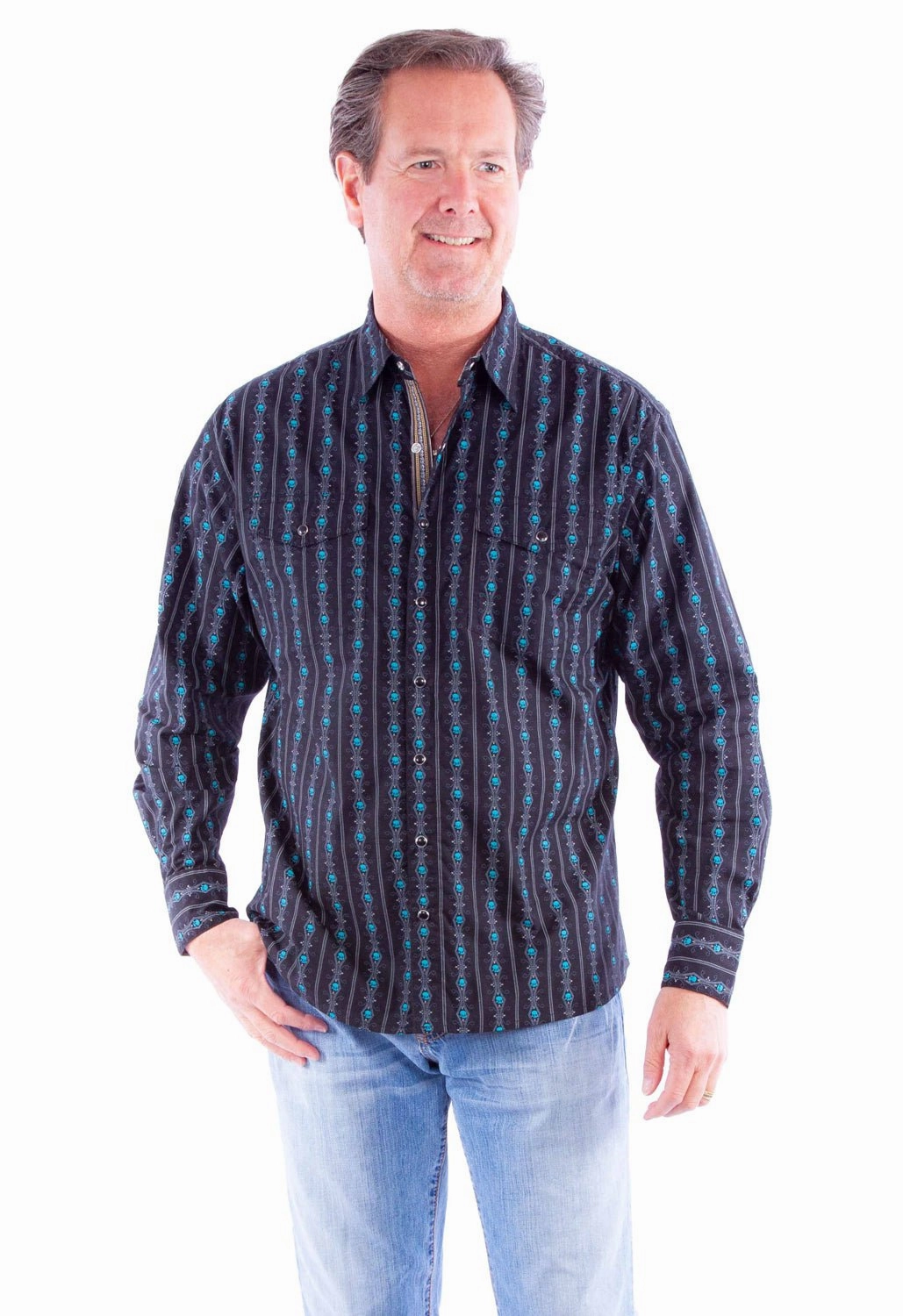 Scully Mens Skull Stripe Turquoise 100% Cotton L/S Shirt Mature Elegance