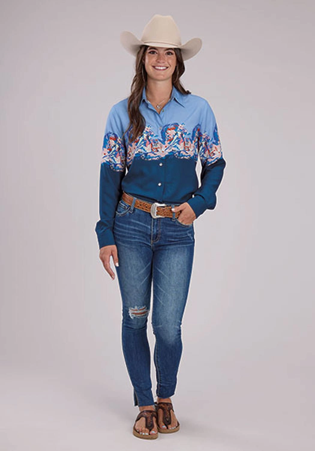 Abstract print Roper Womens Barrel Racer Border Blue 100% Rayon L/S Blouse