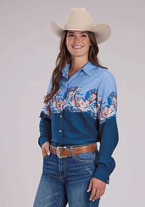 Roper Womens Barrel Racer Border Blue 100% Rayon L/S Blouse Comfortable Wear
