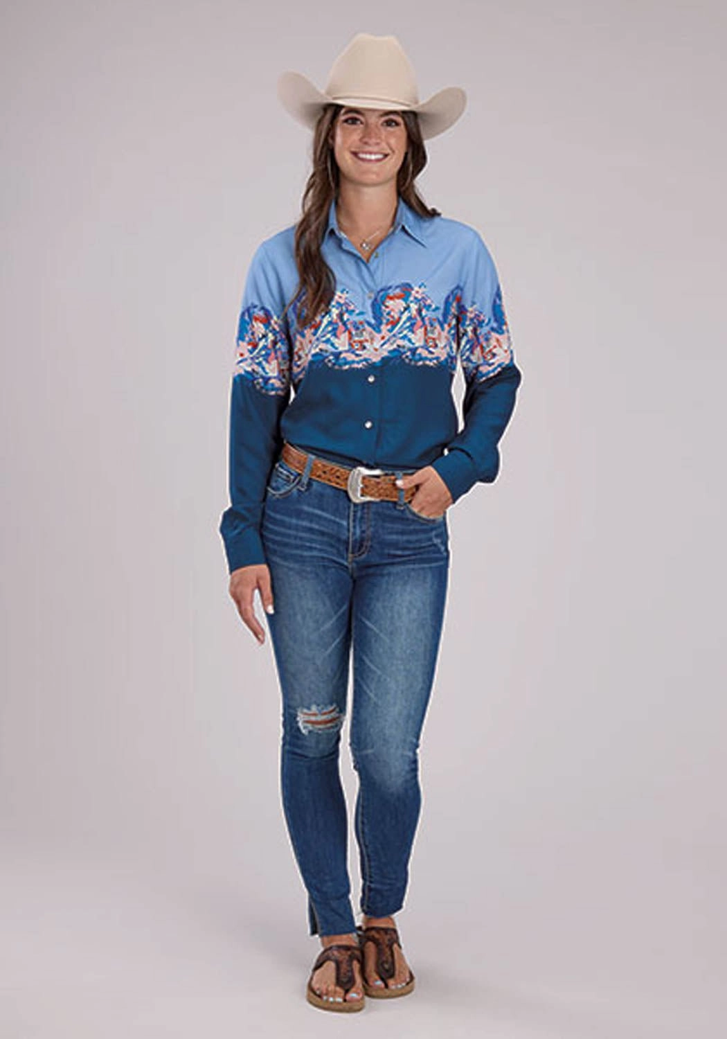 Layered Design Roper Womens Barrel Racer Border Blue 100% Rayon L/S Blouse