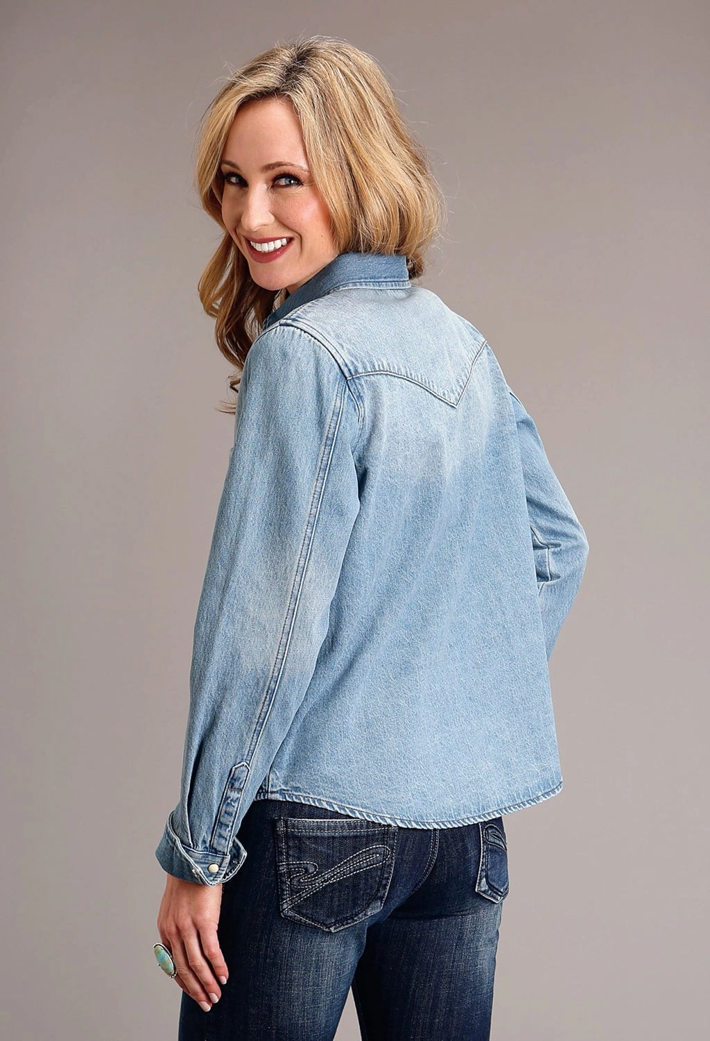 Coffee Run Stetson Womens Patch Pockets Blue 100% Cotton L/S Shirt