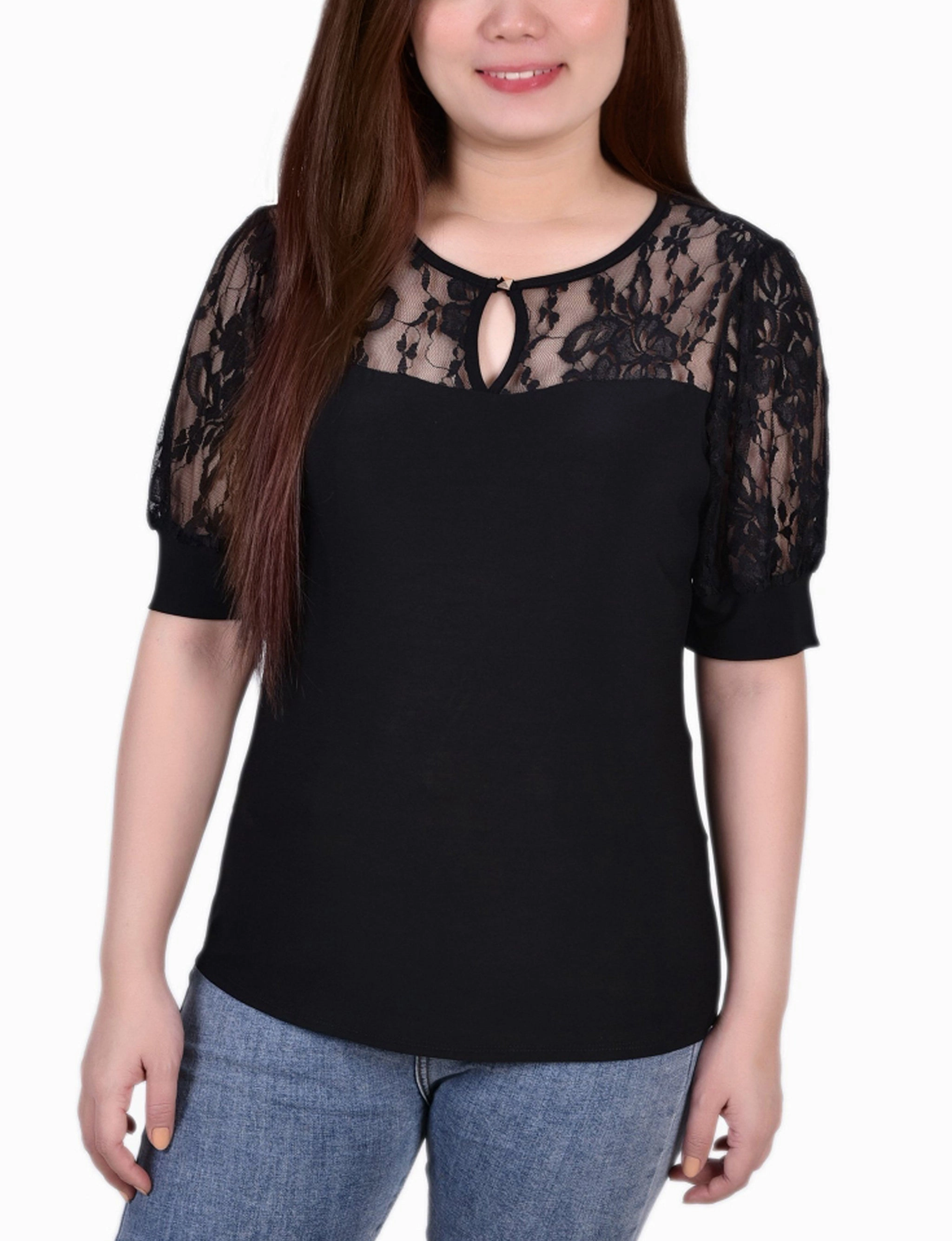 Travel Comforted LowCarbon Footprint Textile Petite Short Puff Sleeve Top With Lace Sleeves And Yoke