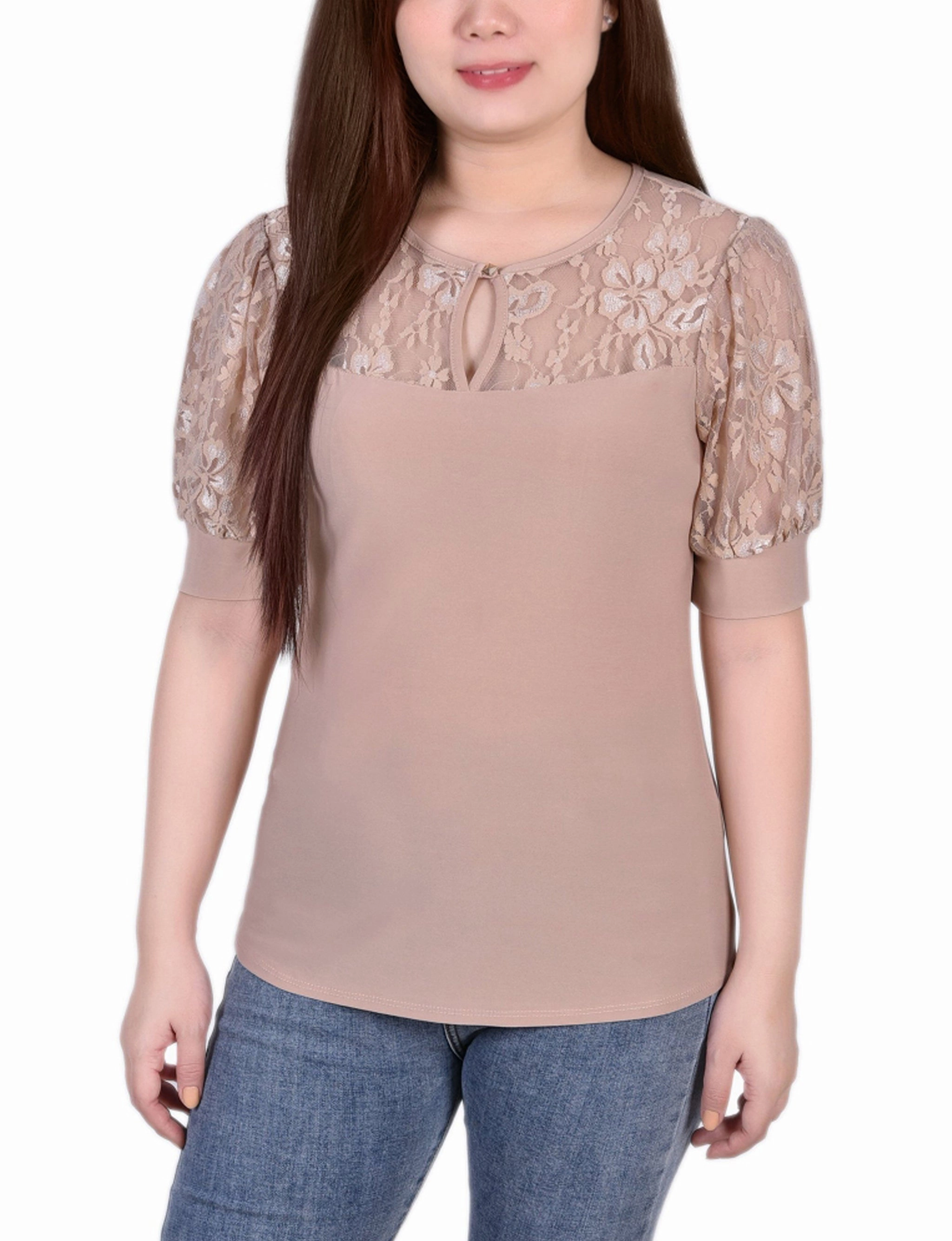 Simple Wear Breathable Merino Wool Petite Short Puff Sleeve Top With Lace Sleeves And Yoke