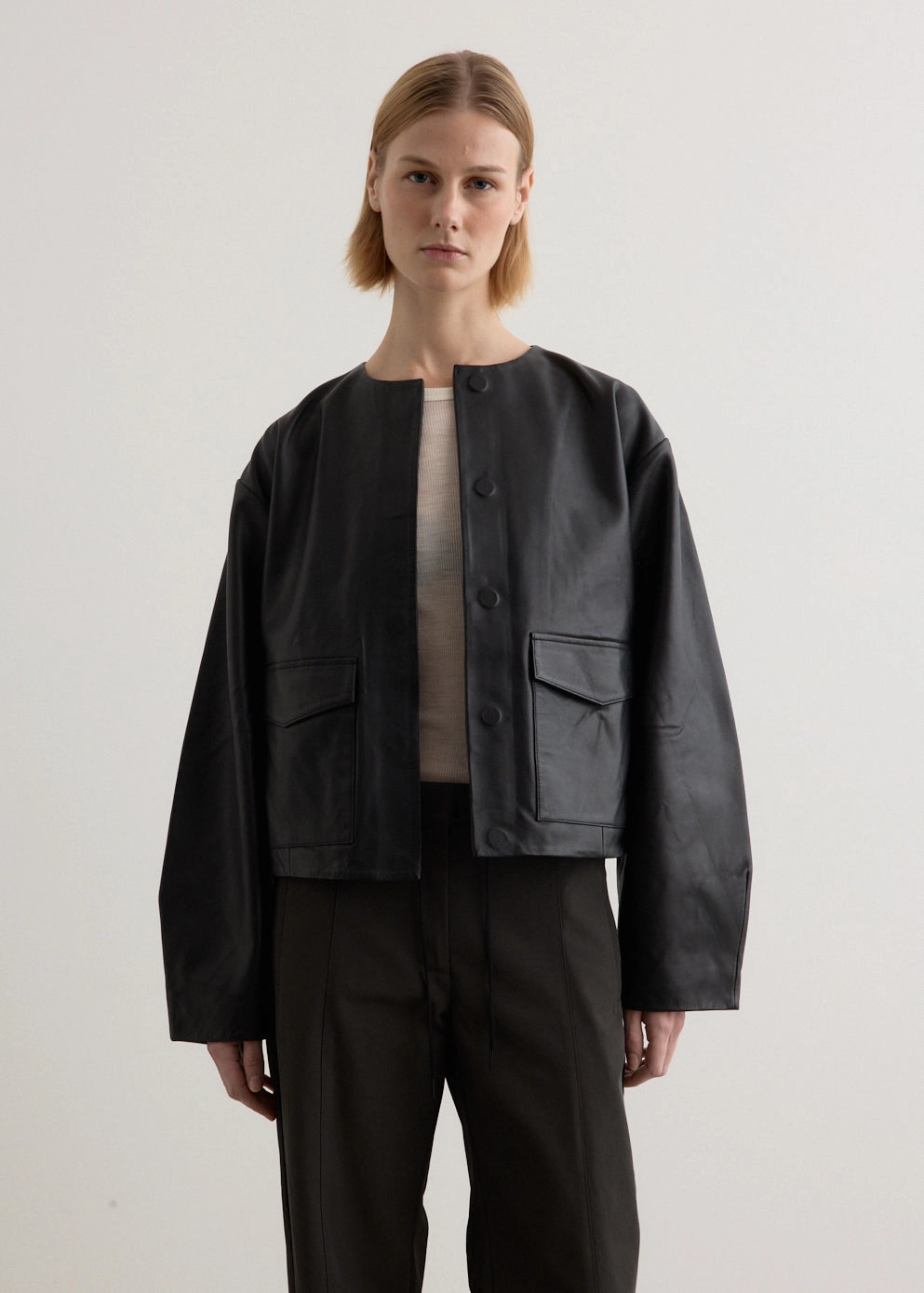 Utility Cocoon Leather Bomber Subtle Texture Solid Color