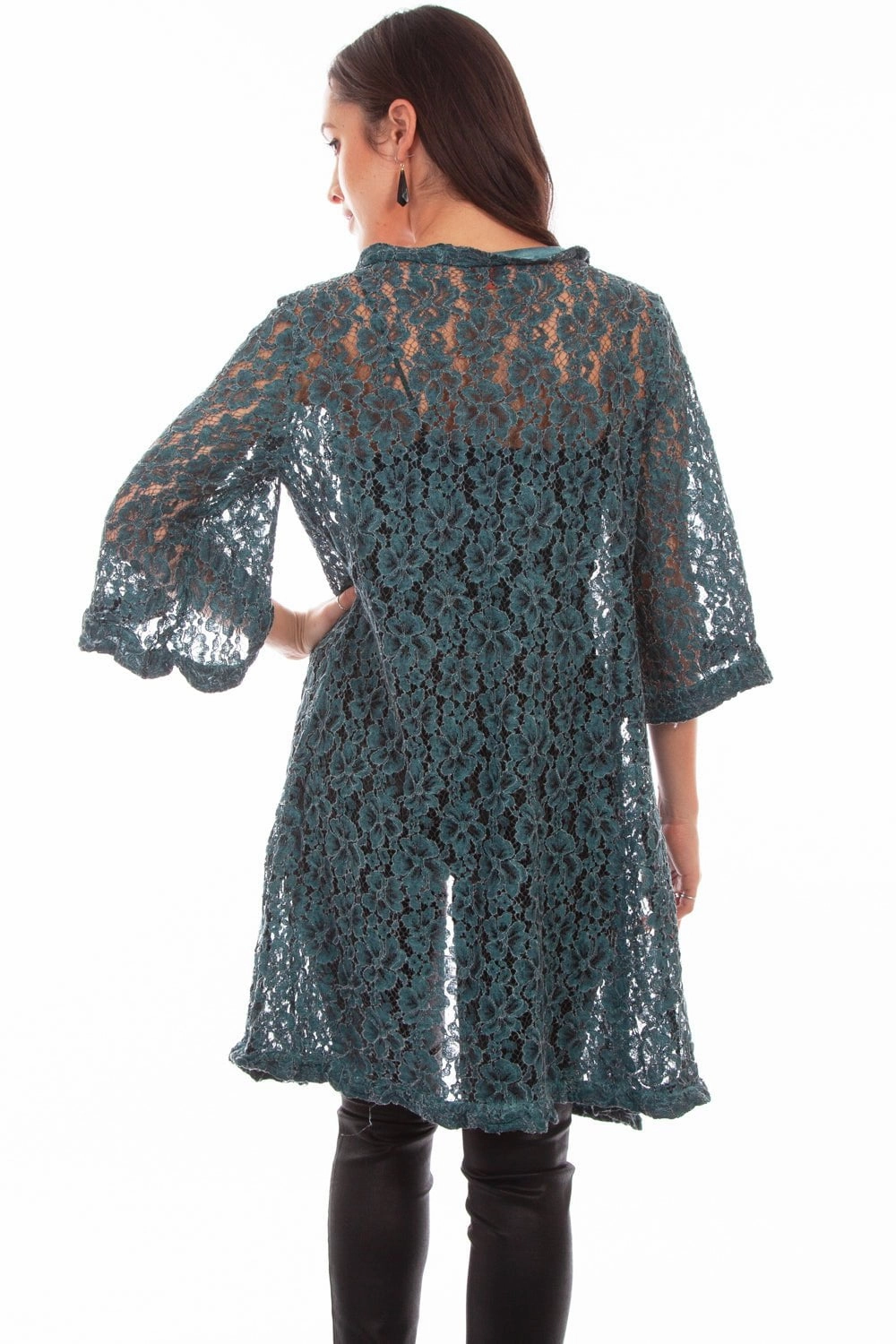 Ribbed cuff Scully Womens Dark Cyan Cotton Blend Floral Lace Cardigan