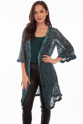 Machine Washable Design Scully Womens Dark Cyan Cotton Blend Floral Lace Cardigan