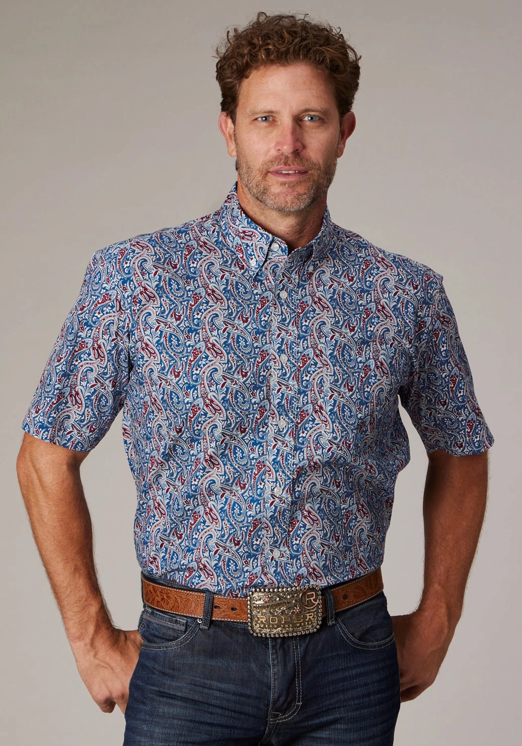 Roper Mens 2024 River Paisley Blue 100% Cotton 1 Pkt S/S Shirt Polished Style