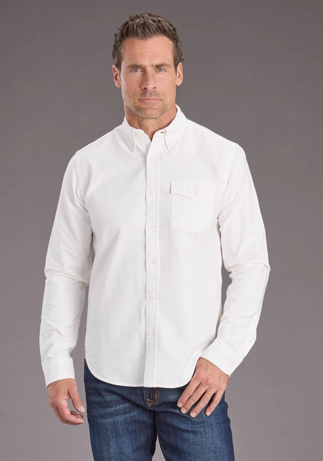 Stetson Mens Peached Oxford Off White 100% Cotton 1 Pkt L/S Shirt Lightweight Material