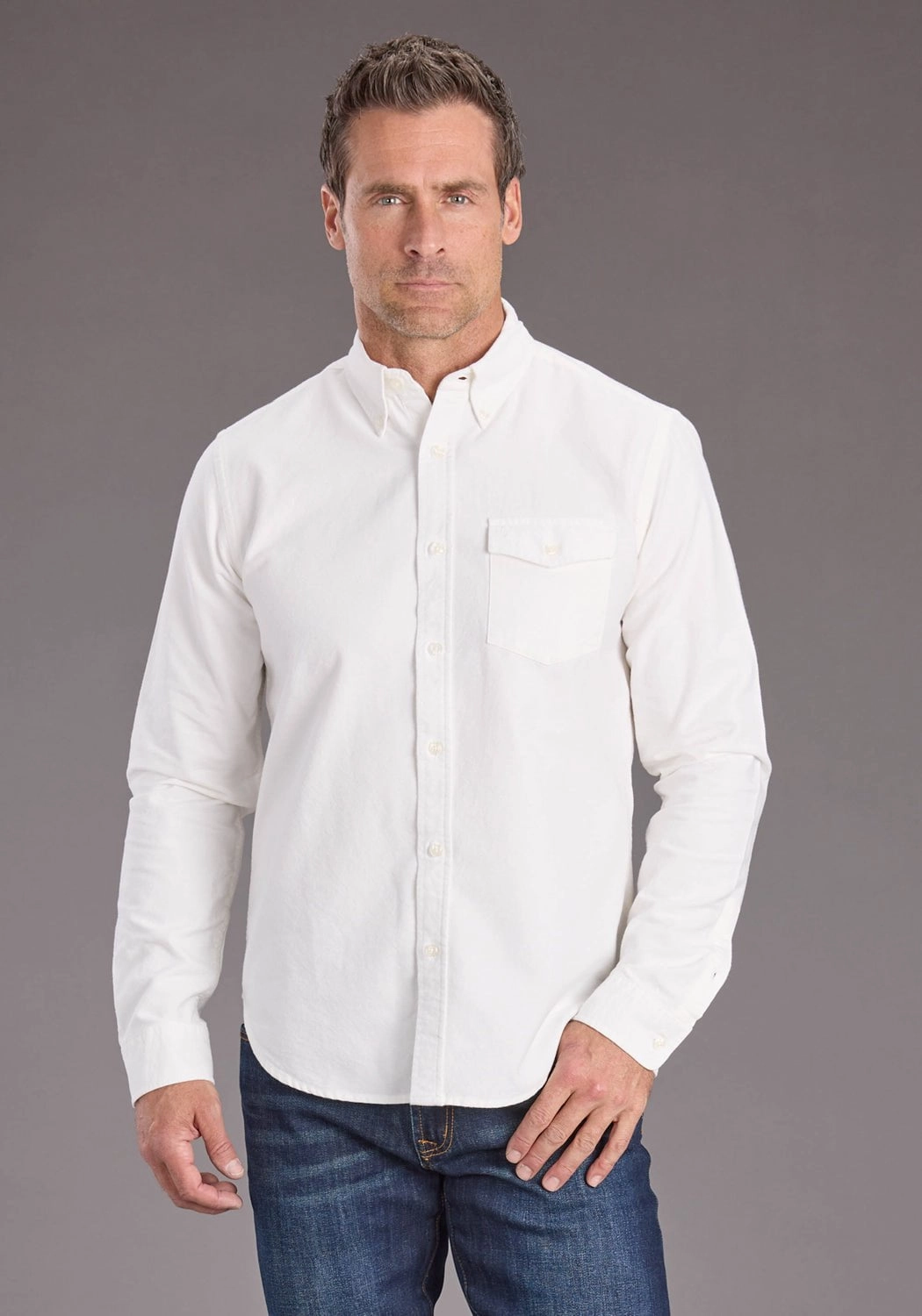 Tall friendly Stetson Mens Peached Oxford Off White 100% Cotton 1 Pkt L/S Shirt