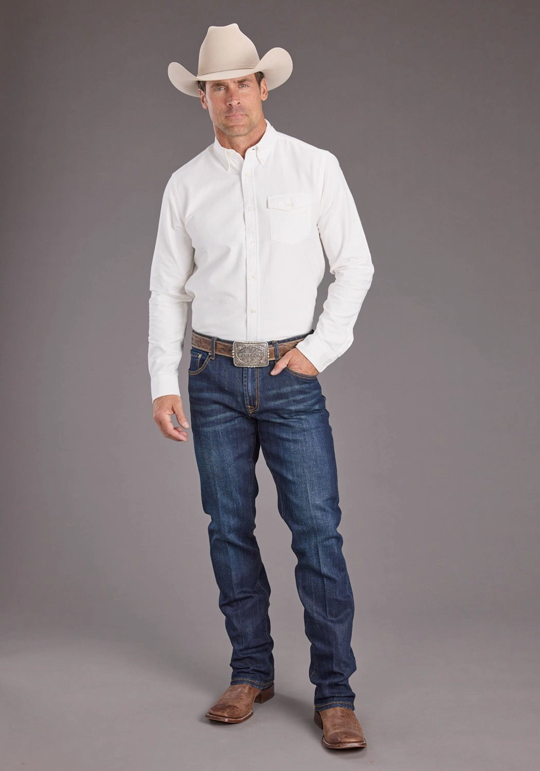 Stetson Mens Peached Oxford Off White 100% Cotton 1 Pkt L/S Shirt All-day Comfort