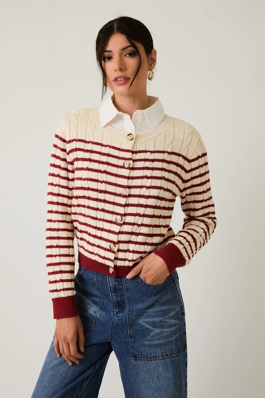 Striped Cable Knit Cardigan Versatile knitwear Chilly Day Outfit
