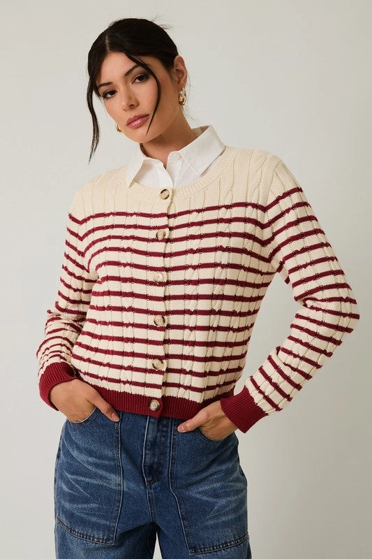 Subtle Texture Detail Cozy Must-Have Striped Cable Knit Cardigan