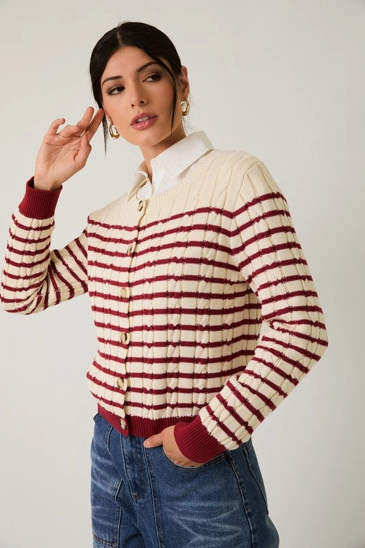 Premium Cotton Blend Comfort Knit Piece Striped Cable Knit Cardigan