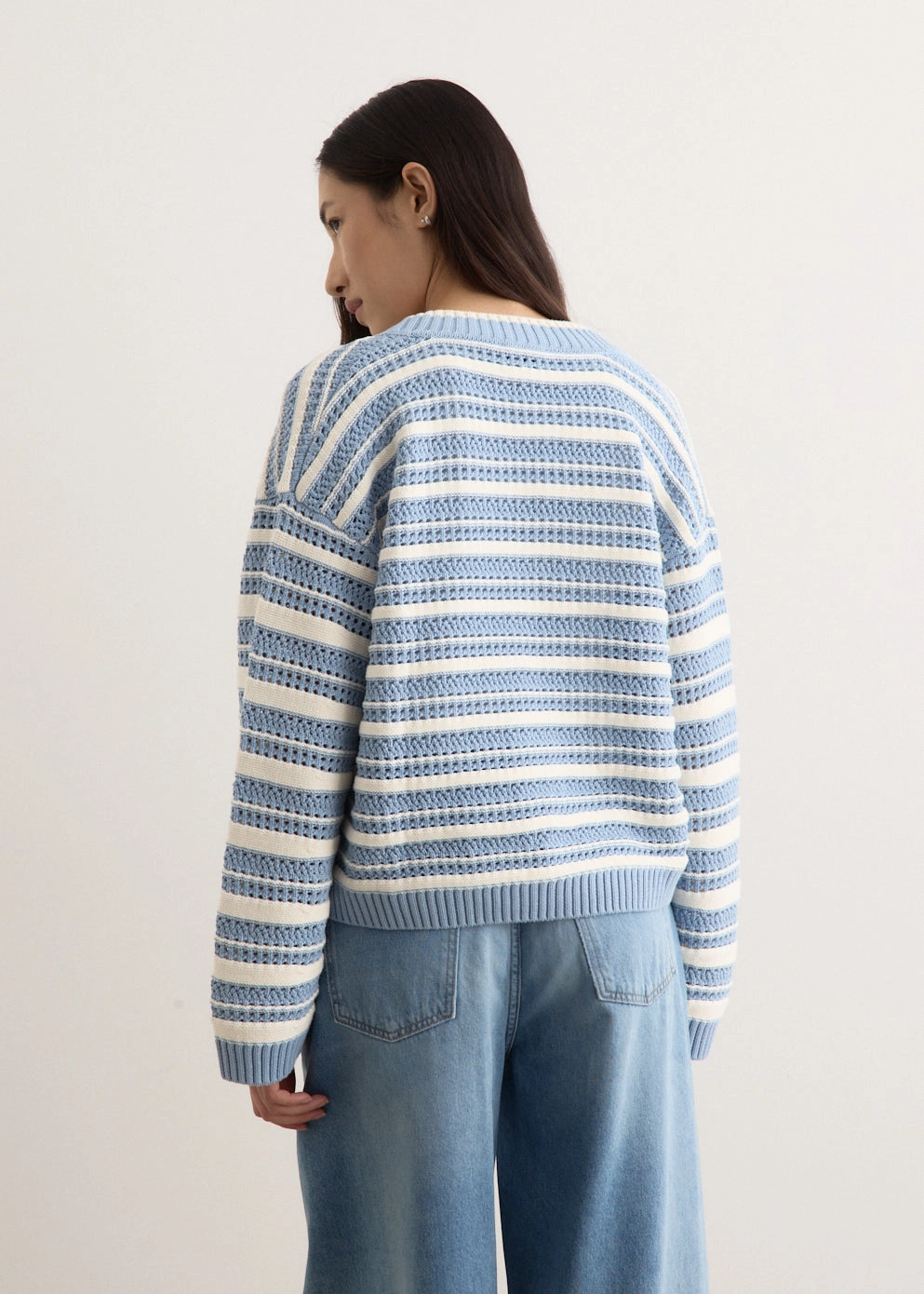 Striped Cotton Pointelle V-Neck Recycled Fiber Blend Reflective Yarn Accent