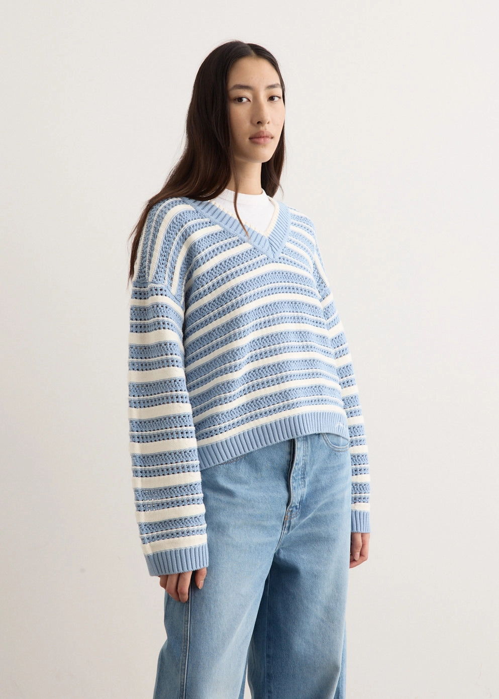 Striped Cotton Pointelle V-Neck Oversized Fit Chilly Days