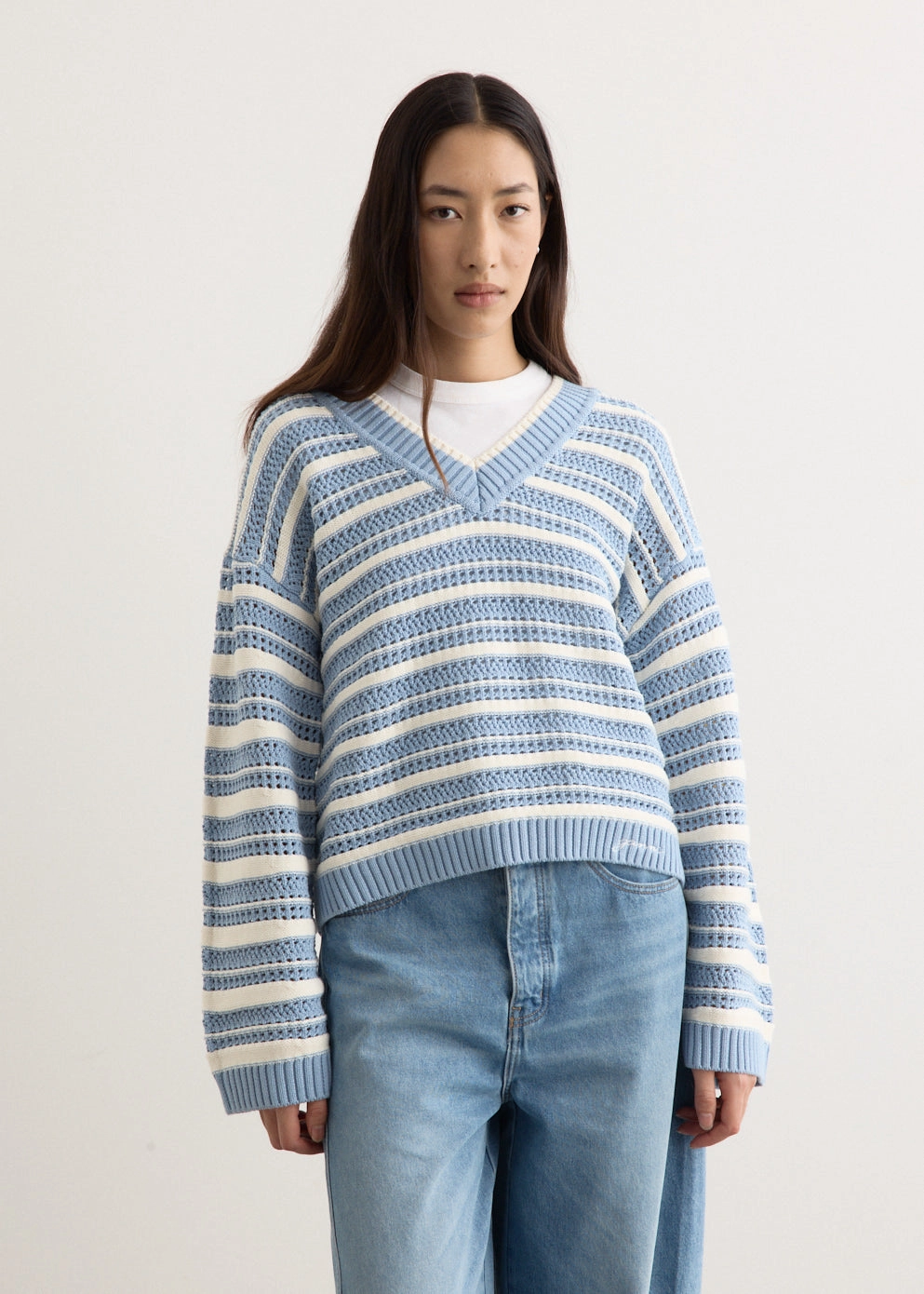 Striped Cotton Pointelle V-Neck Weight Distribution Tech