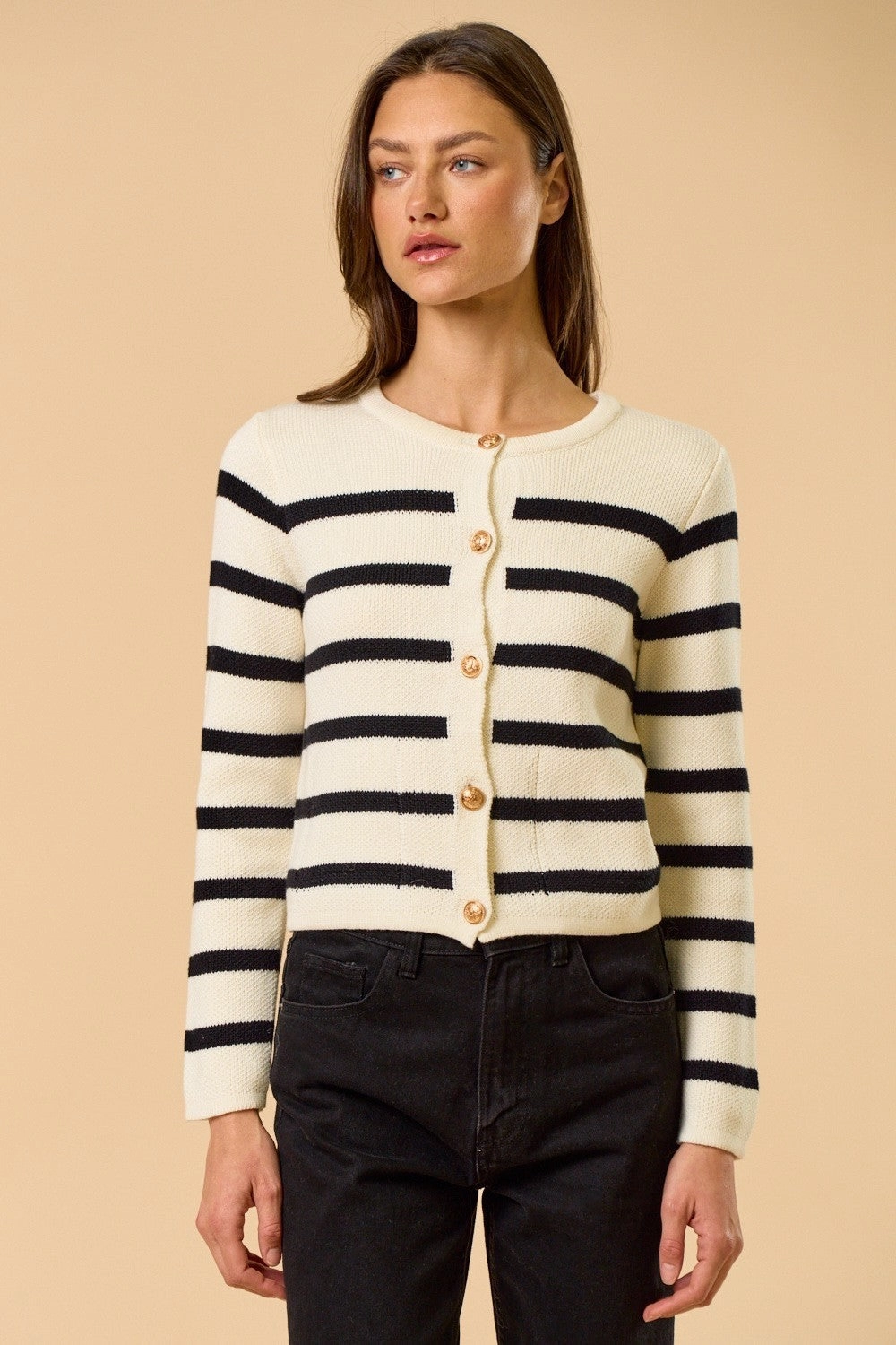 Striped Gold Button Cardigan Timeless Layer Fashion staples
