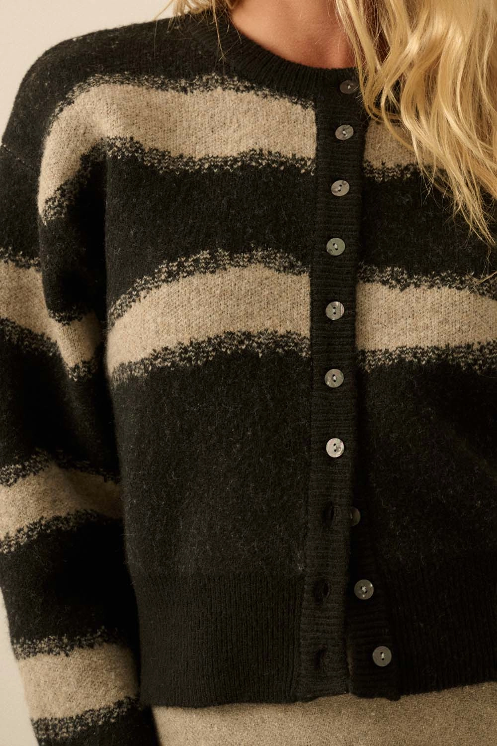 Striped Knit Cardigan - Black Warm & Soft