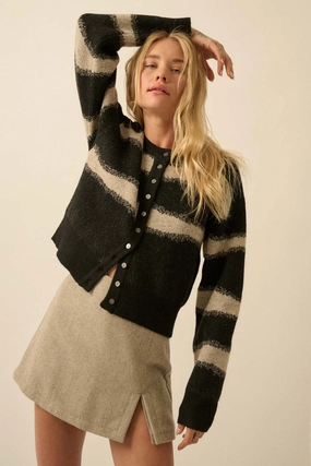 Striped Knit Cardigan - Black Flexible Waistband Cold Day Fashion