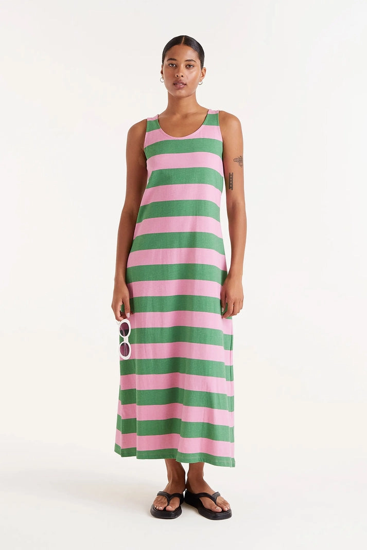 Striped Maxi Dress in Pink and Green Social Ease Off-Shoulder
