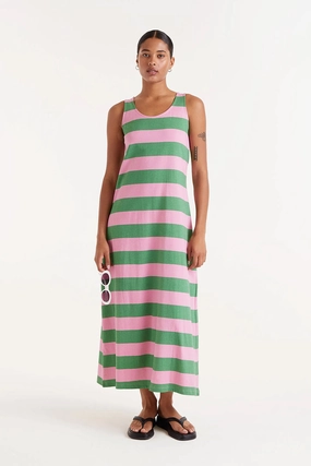 Striped Maxi Dress in Pink and Green Social Ease Off-Shoulder
