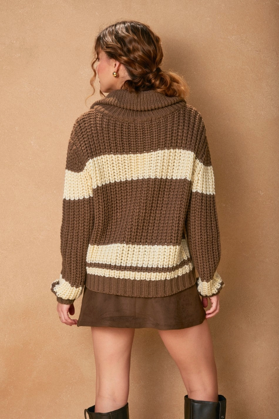 Modern Knit Striped Sweater Jacket - Brown