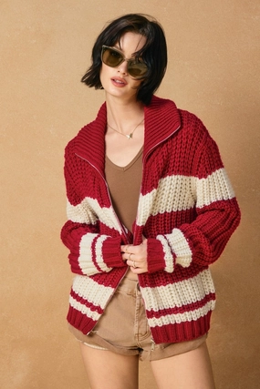 Odor Resistant Finish Stylish Layers Striped Sweater Jacket - Red