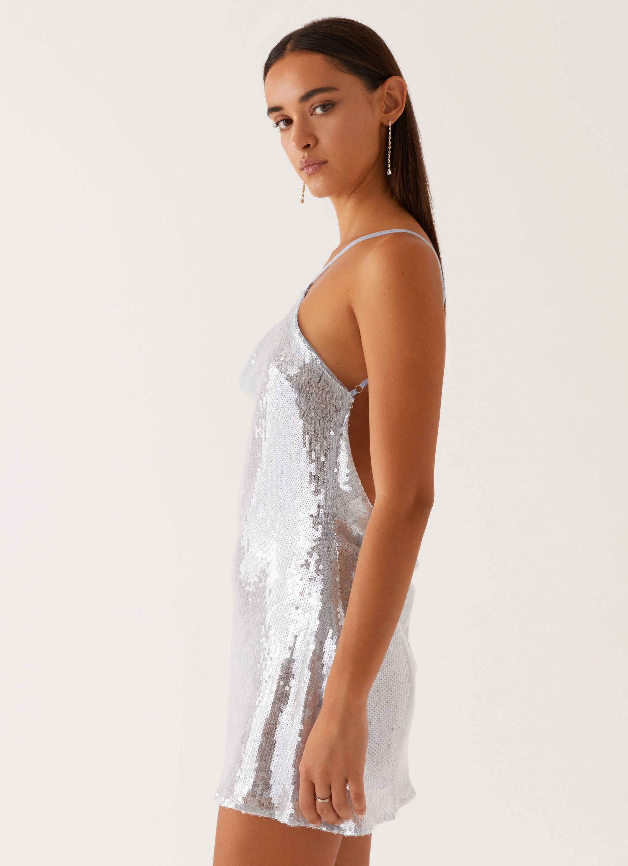 Radiant Energy Cowl Back Mini Dress - Blue french chic relaxed elegance