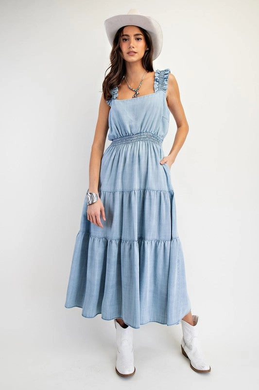 Festive Mood HAILEY WASHED CHAMBRAY TIERED MAXI DRESS