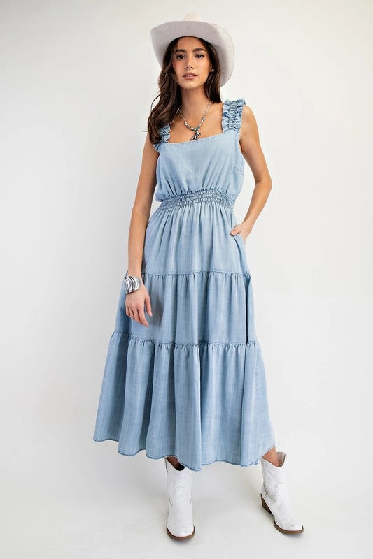 Natural Drape Silky Finish HAILEY WASHED CHAMBRAY TIERED MAXI DRESS