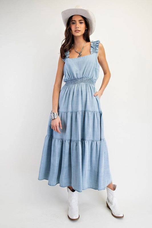 Luxe Mood Pink Glow HAILEY WASHED CHAMBRAY TIERED MAXI DRESS