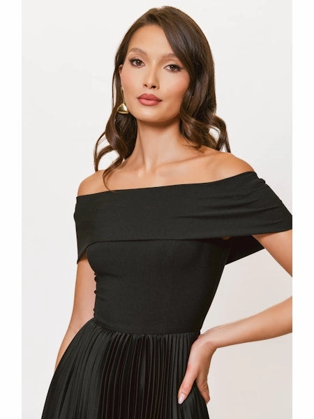 Stockton Off the Shoulder Pleated Midi Dress in Black Office Tone
