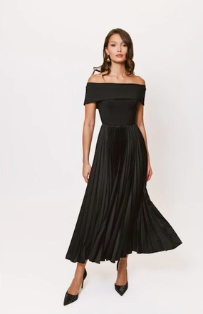 Stockton Off the Shoulder Pleated Midi Dress in Black Coral Soft Vibrant Colors