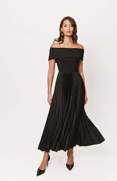 Stockton Off the Shoulder Pleated Midi Dress in Black Coral Soft Vibrant Colors