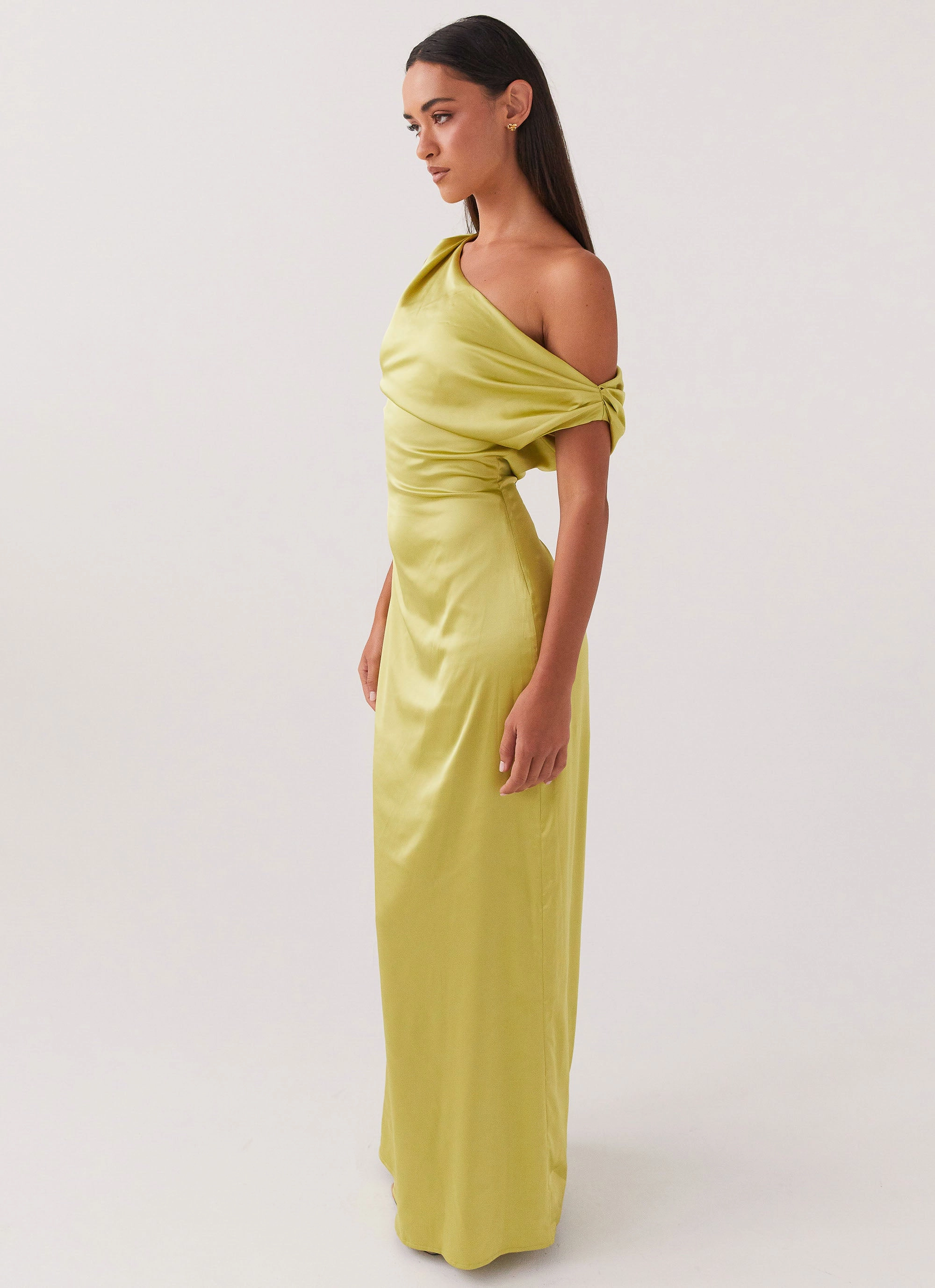 Special-Edition Fall Outfit Heart Of Glass Satin Maxi Dress - Chartreuse